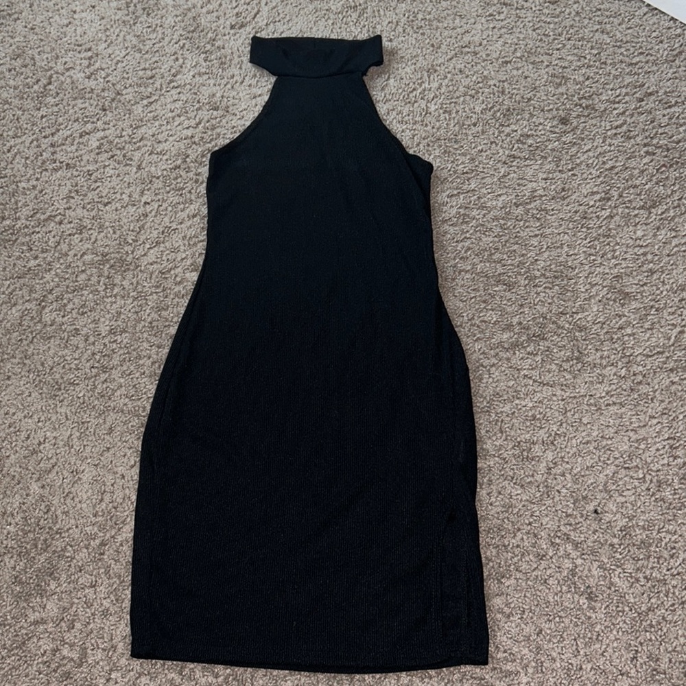 Turtle neck like- Black Backless Dress with Mini Slit on the Side